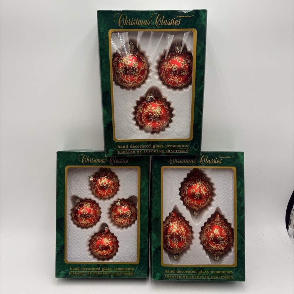 VTG Commodore Romania Blown Glass Christmas Ornaments Red Gold Glitter 3 Boxes